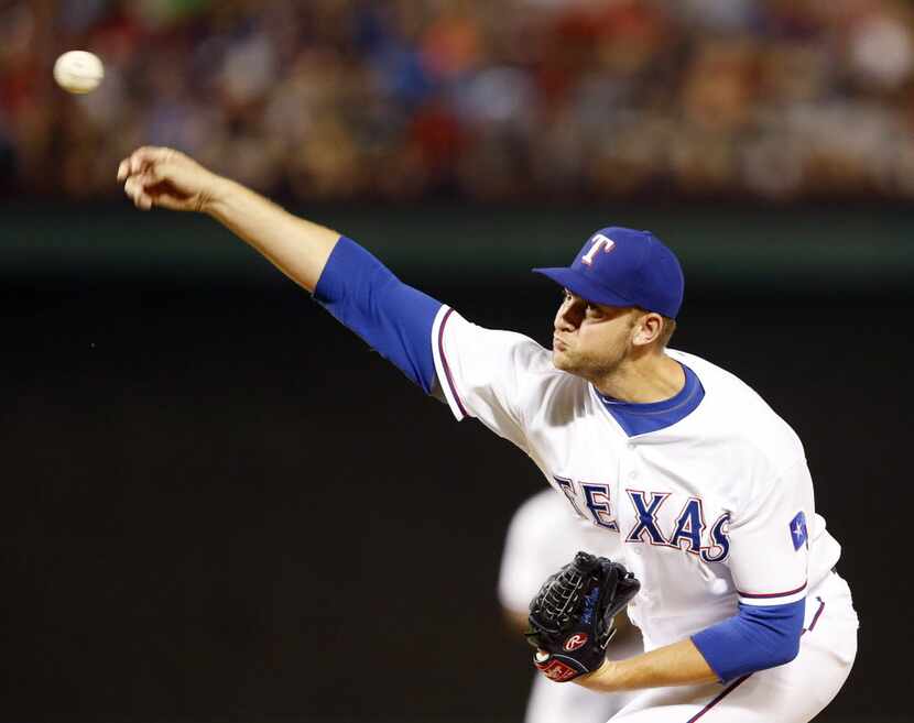 Texas Rangers relief pitcher Phil Klein (35) pitches in a game against the New York Yankees...