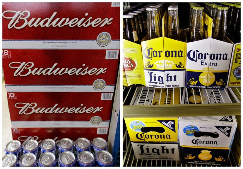 This combination of Associated Press file photos shows Budweiser beer in the aisles of Elite...