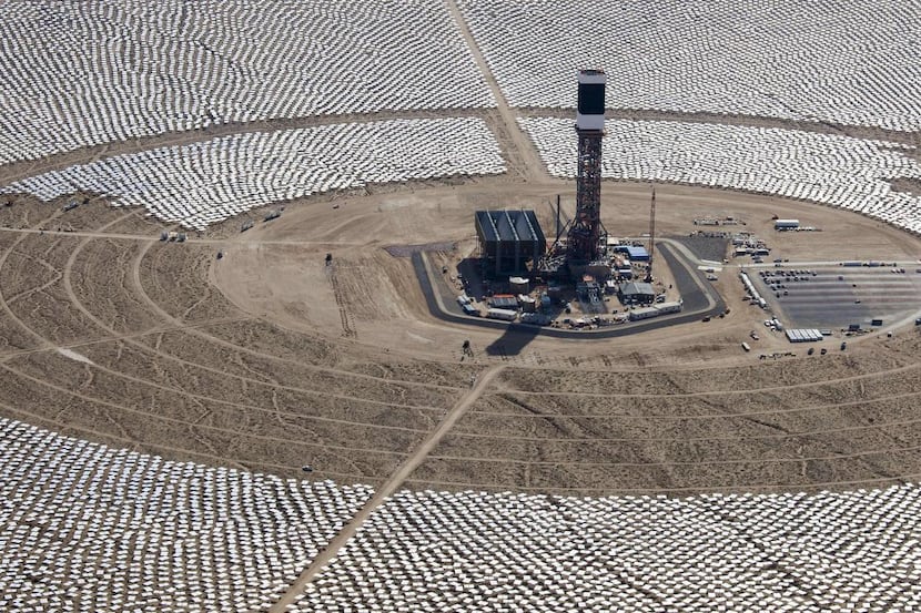 
About 300,000 mirrors in California’s Mojave Desert focus sunlight on three towers, where...