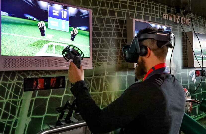 An interactive station in the National Soccer Hall of Fame at Toyota Stadium in Frisco, Texas.