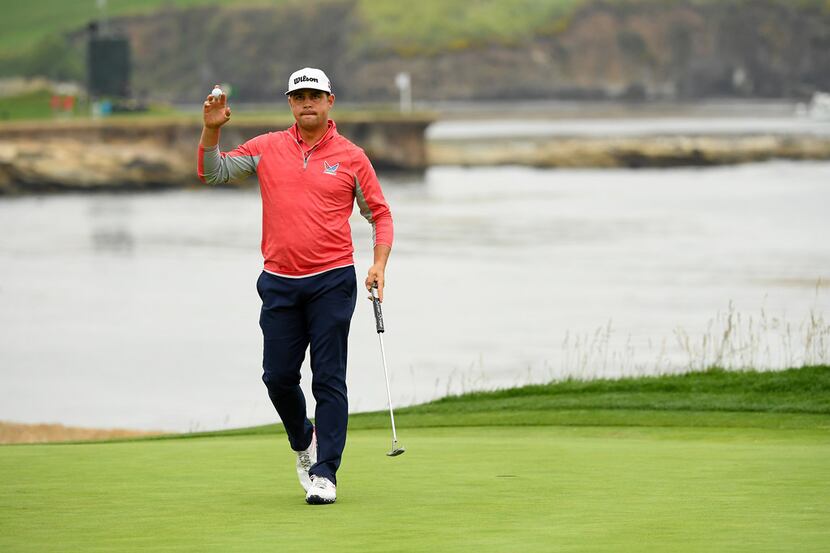 PEBBLE BEACH, CALIFORNIA - JUNE 16: Gary Woodland of the United States acknowledges the...