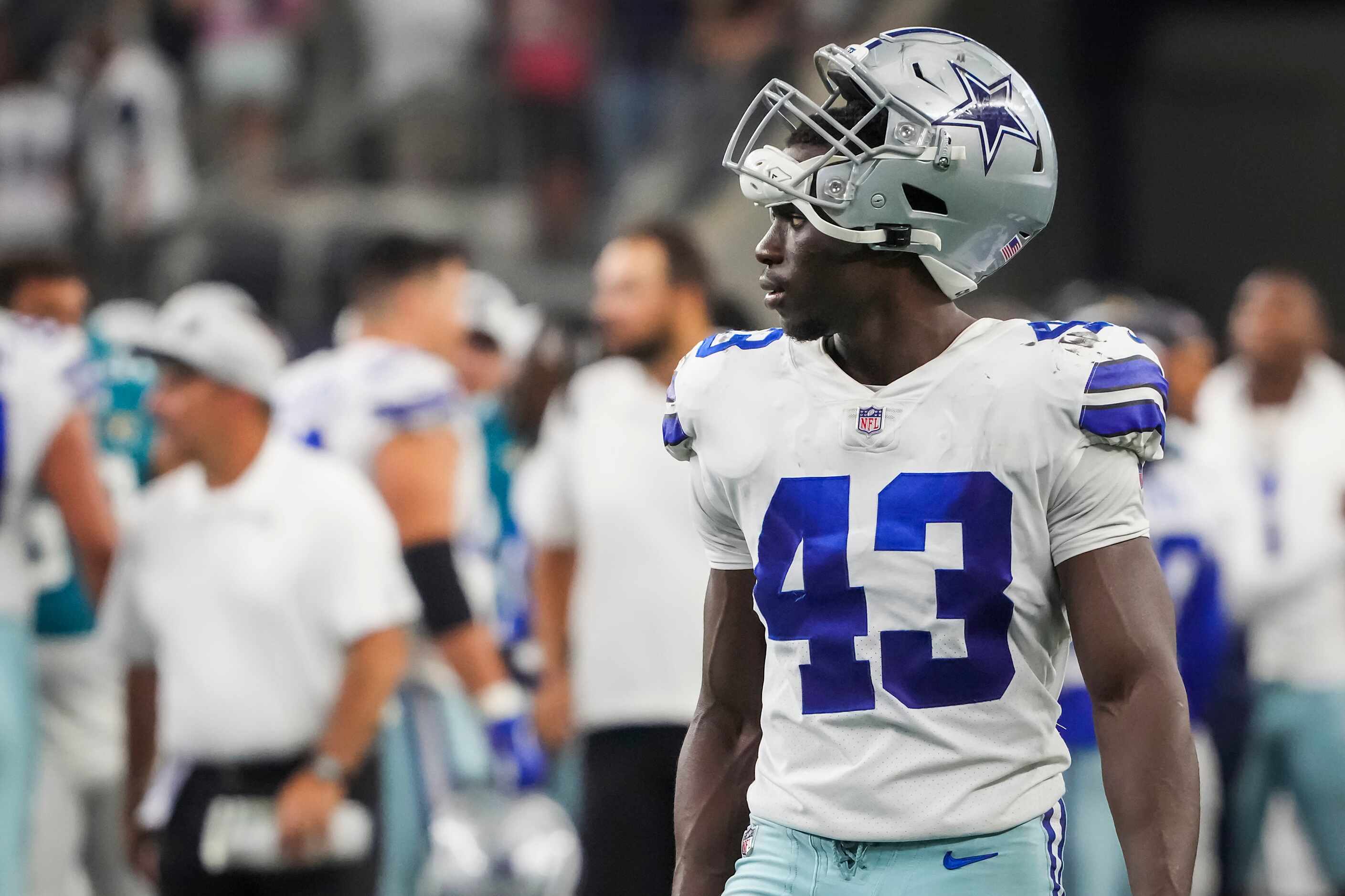 Dallas Cowboys linebacker Azur Kamara (43) leaves the field following a loss to the...