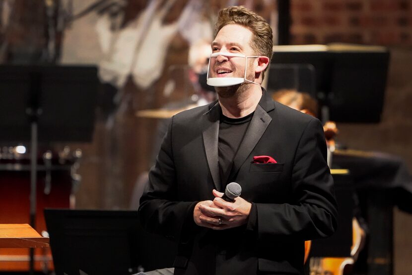 Guest conductor Brett Mitchell speaks to the audience before the Fort Worth Symphony concert...