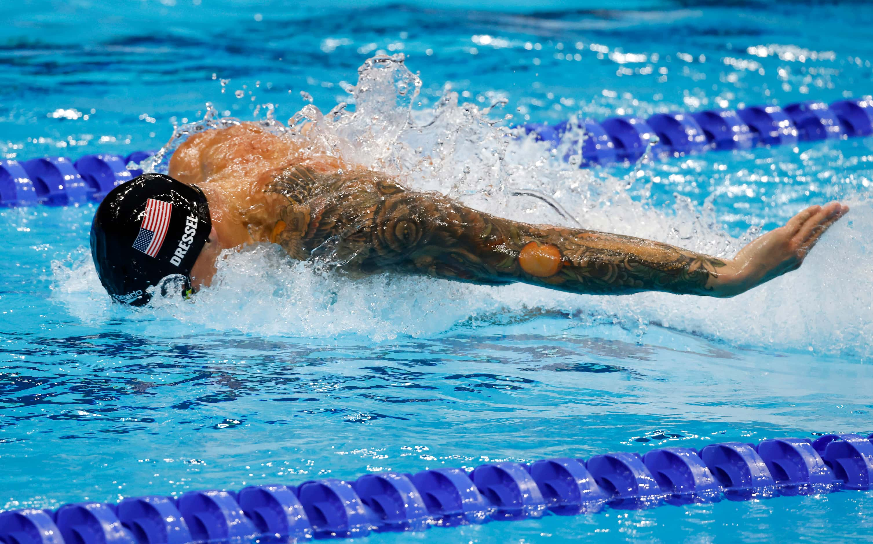 USA’s Caeleb Dressel competes in the men’s 4x100 meter medley relay final during the...