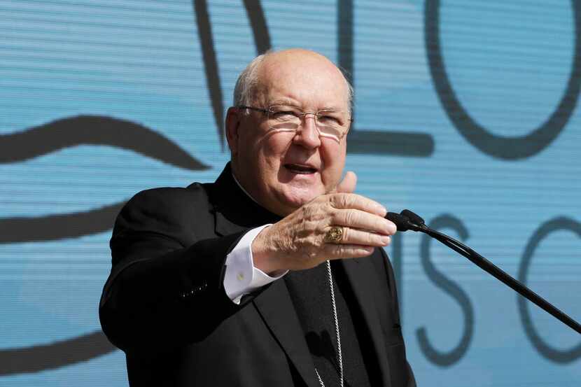  Dallas Bishop Kevin J. Farrell speaks to the crowd before a live simulcast of Pope Francis'...