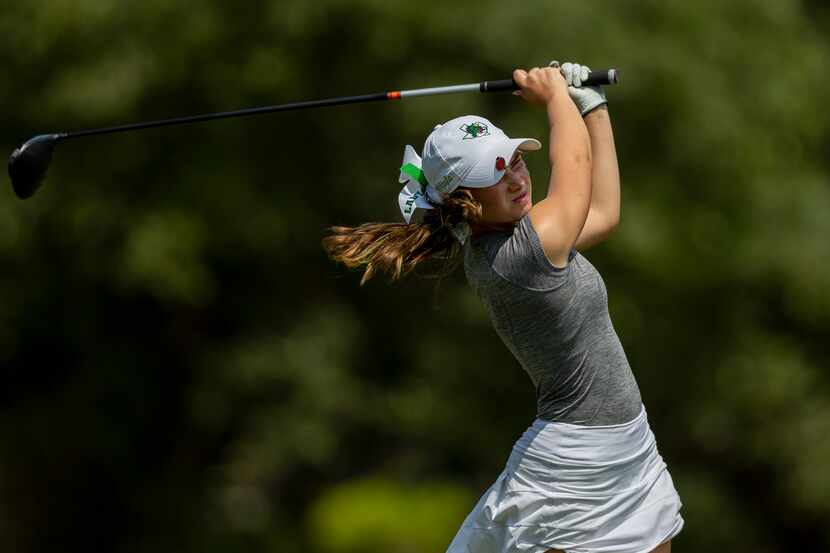 Southlake Carroll’s MaKayla Tyrrell hits from the 11th tee box during the 6A girls state...