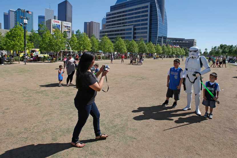 Stormtrooper Scott Wilcox poses for photos during  the "May the 4th Be With You" Star Wars...