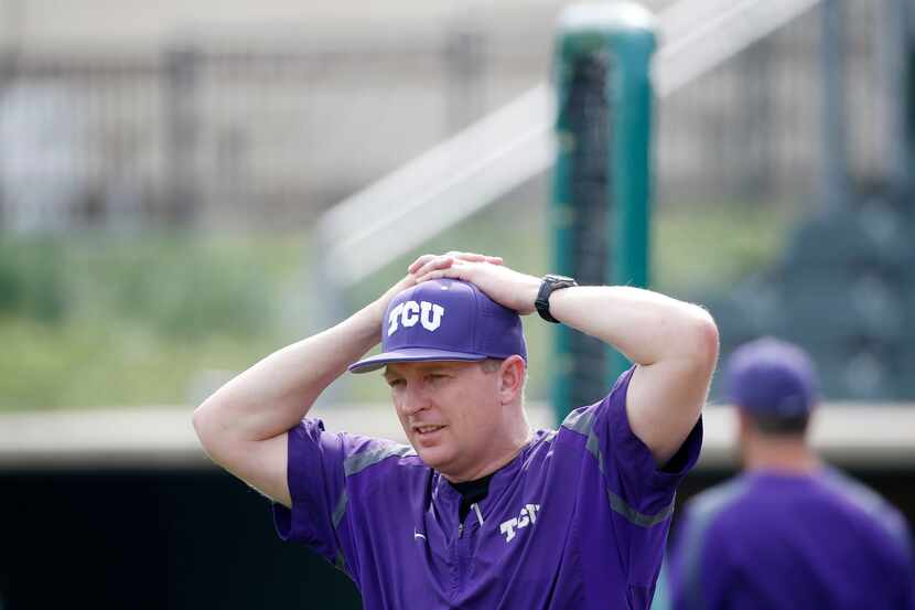 TCU manager Jim Schlossnagle waits in between drills during a baseball practice at Lupton...