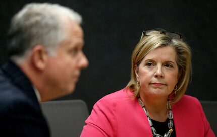 Lillian Salerno, Democratic candidate for the 32nd Congressional District, listens to...