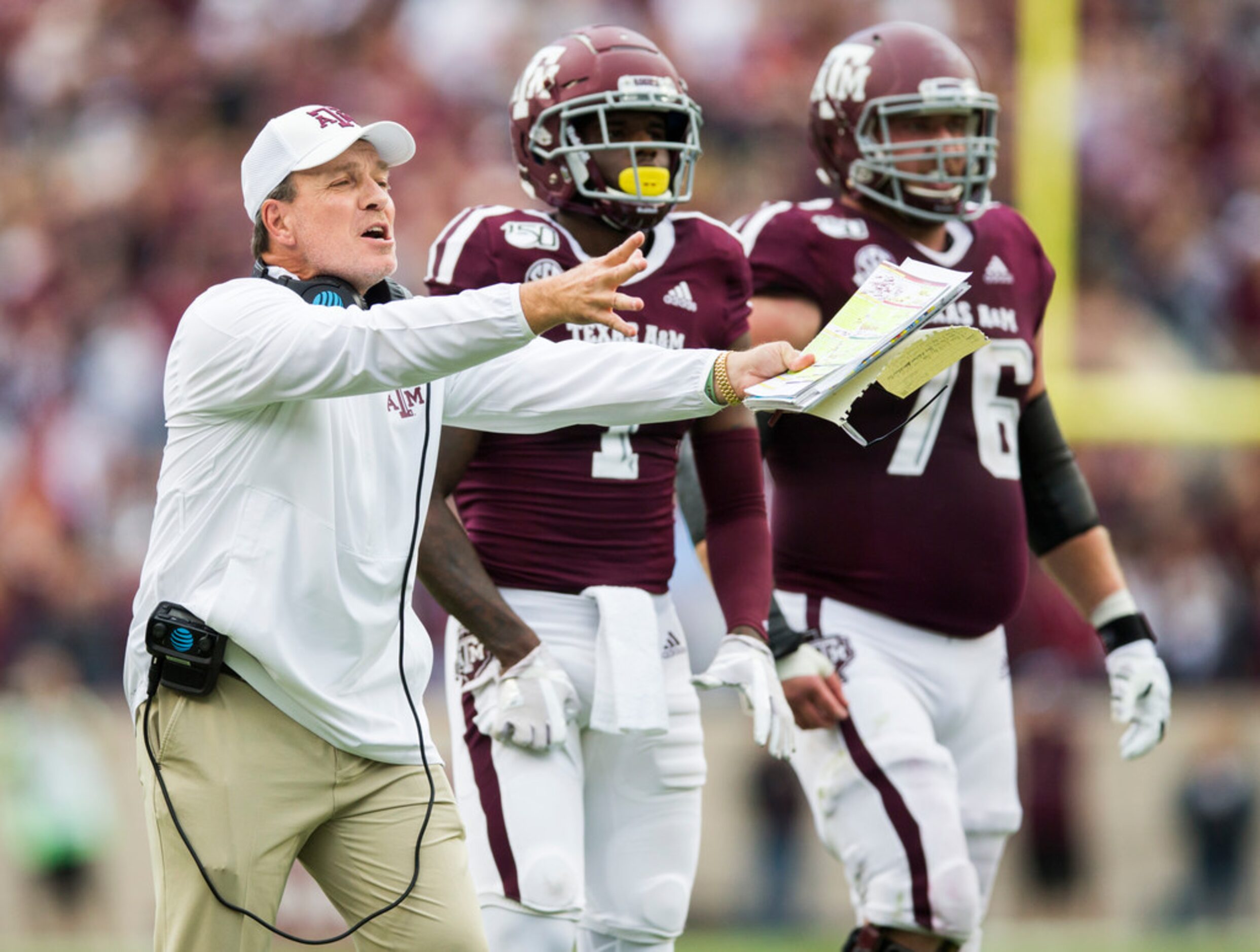 Texas A&M Aggies head coach Jimbo Fisher disputes a call during the first quarter of a...