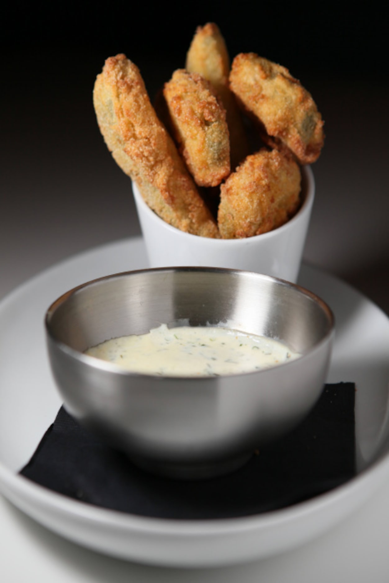 Cornmeal fried pickles with house ranch, from The Front Room: A Park Cities Diner