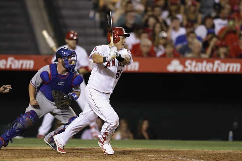 Los Angeles Angels' Ji-Man Choi bats during the sixth inning of a baseball game against the...