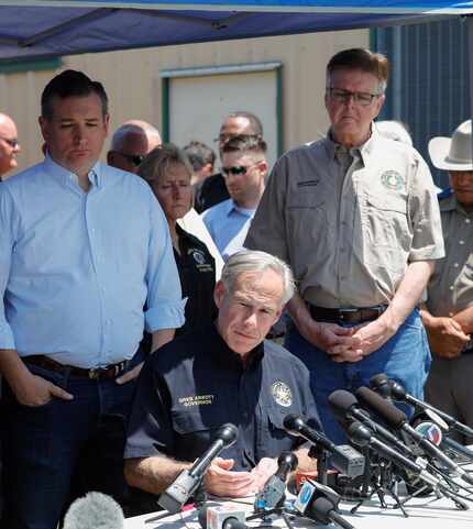 Texas Sen. Ted Cruz (from left), Gov. Greg Abbott and Lt. Gov. Dan Patrick spoke during a...