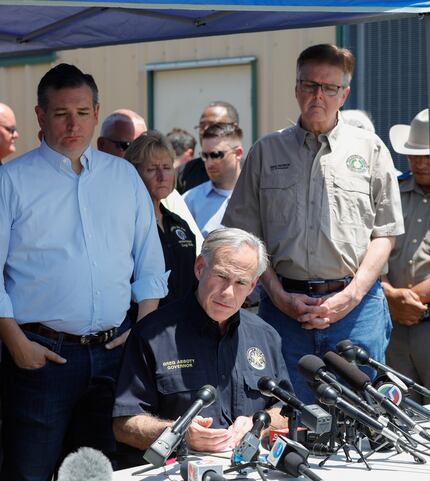Texas Sen. Ted Cruz (from left), Gov. Greg Abbott and Lt. Gov. Dan Patrick spoke during a...