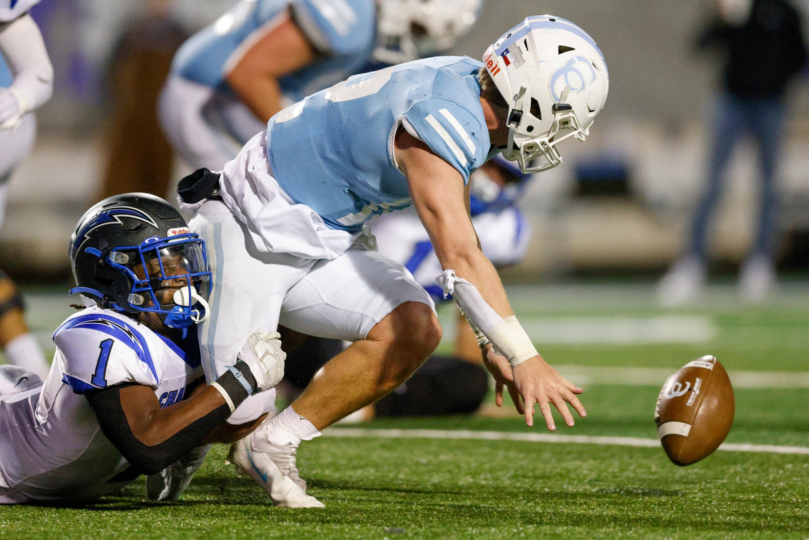 Dallas Christian defensive back Chris Scott (1) forces a fumble from Houston Cypress...