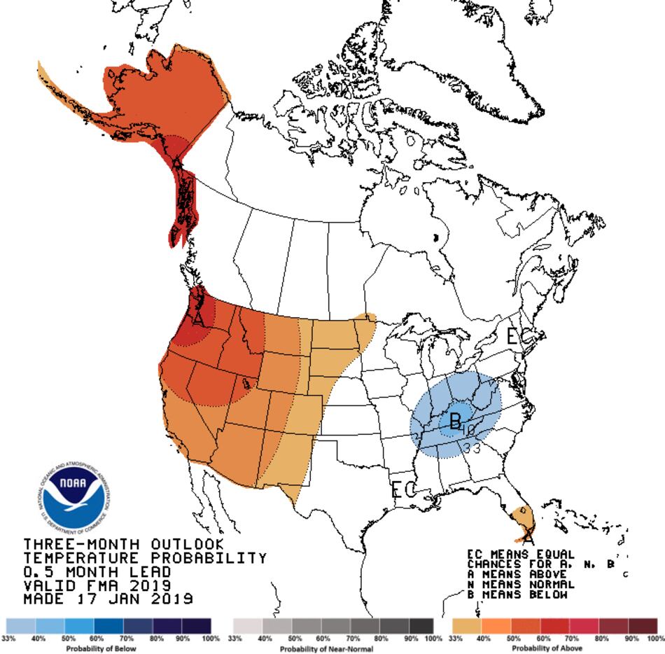 This map shows temperature probabilities for the U.S. during the months of February through...
