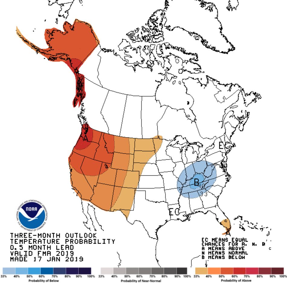 This map shows temperature probabilities for the U.S. during the months of February through...