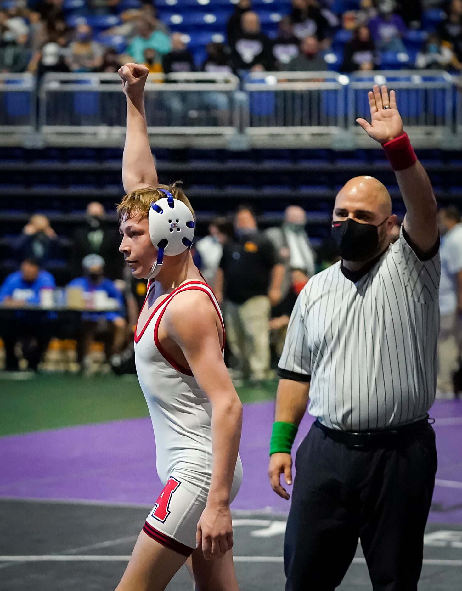 Joseph Liescheski of Allen celebrates after defeating Ian Abdallah of El Paso Franklin for...