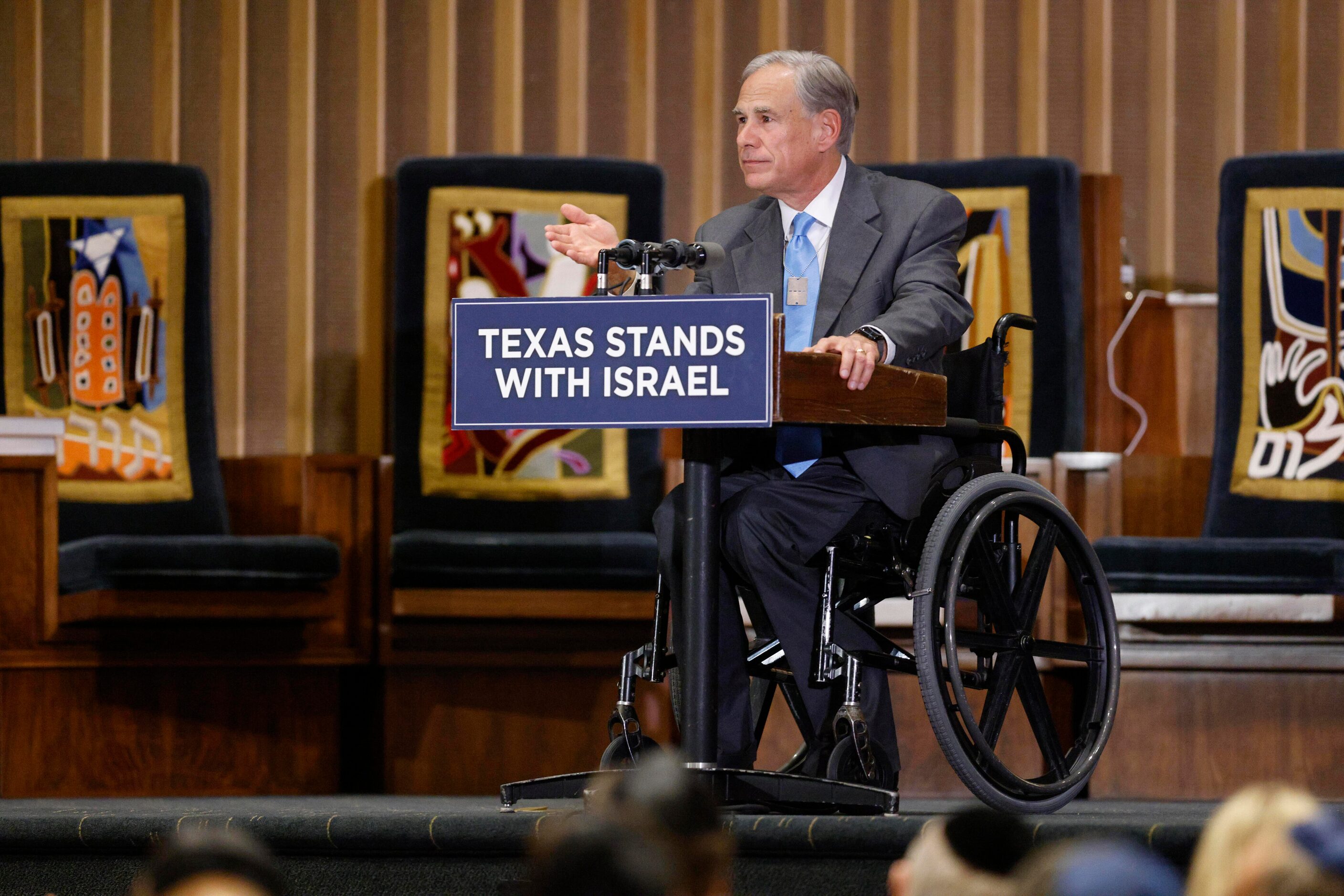 Gov. Greg Abbott speaks during a community event commemorating the Oct. 7, 2023 attack in...