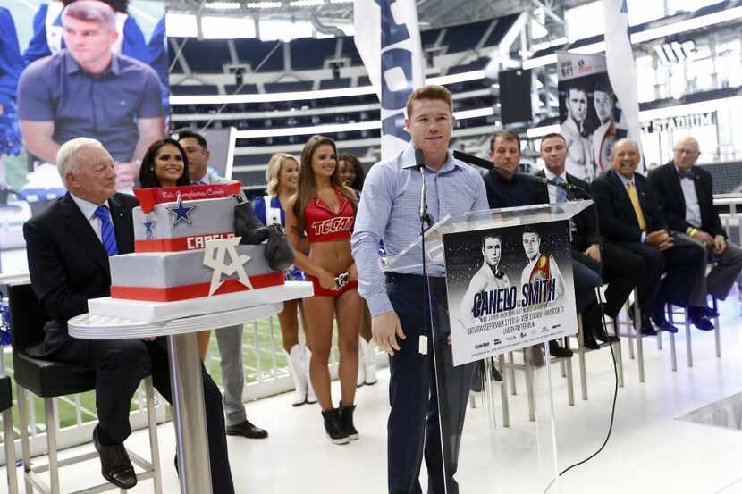 Canelo Alvarez speaks during a press conference at AT&T Stadium in Arlington, Texas, Monday,...