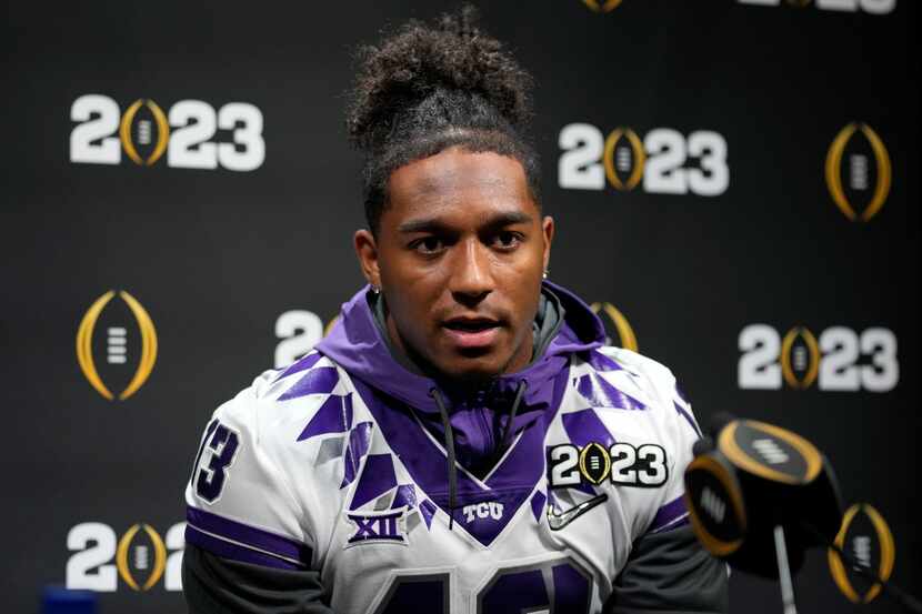 TCU linebacker Dee Winters speaks during a media day ahead of the national championship NCAA...