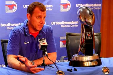 SMU football head coach Rhett Lashlee talks with the media about the bowl game they are...