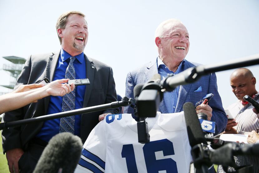Dallas Cowboys owner Jerry Jones (right) and Treg Manning, Airbus Helicopters vice president...