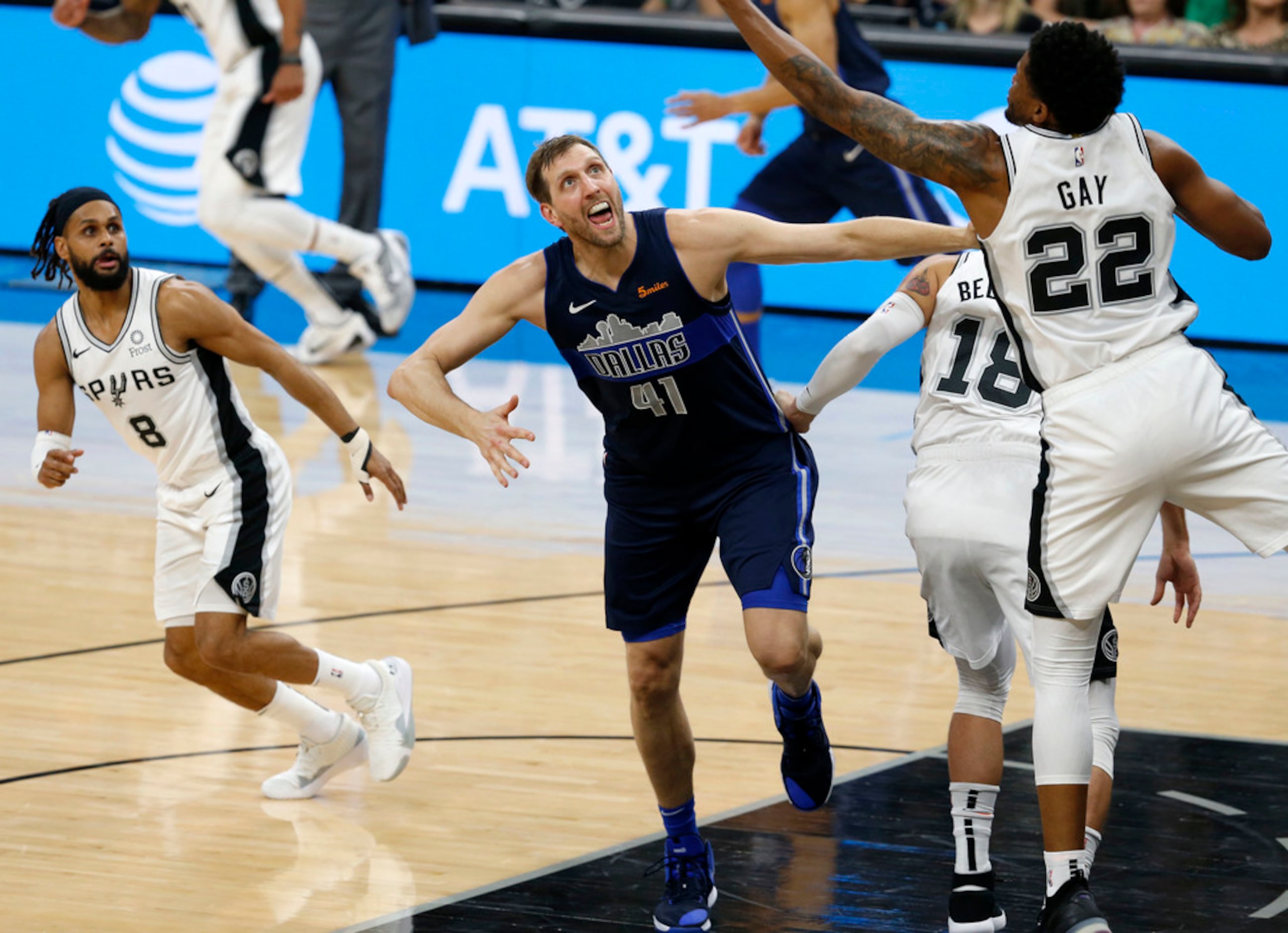 Dallas Mavericks forward Dirk Nowitzki (41) eyes the ball against San Antonio Spurs forward...