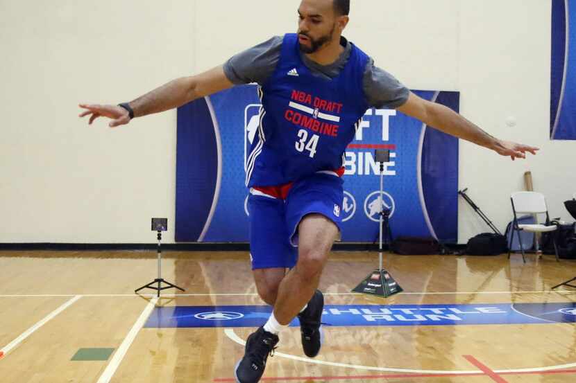 Perry Ellis, from Kansas, participates in the NBA draft basketball combine Friday, May 13,...