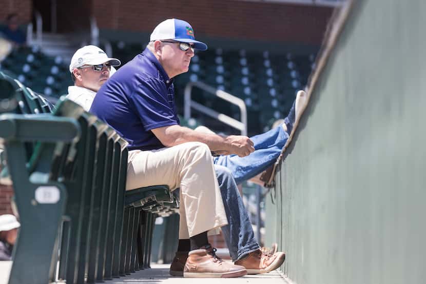 Texas Rangers Senior Director of Amateur Scouting Kip Fagg looks on during an NCAA baseball...