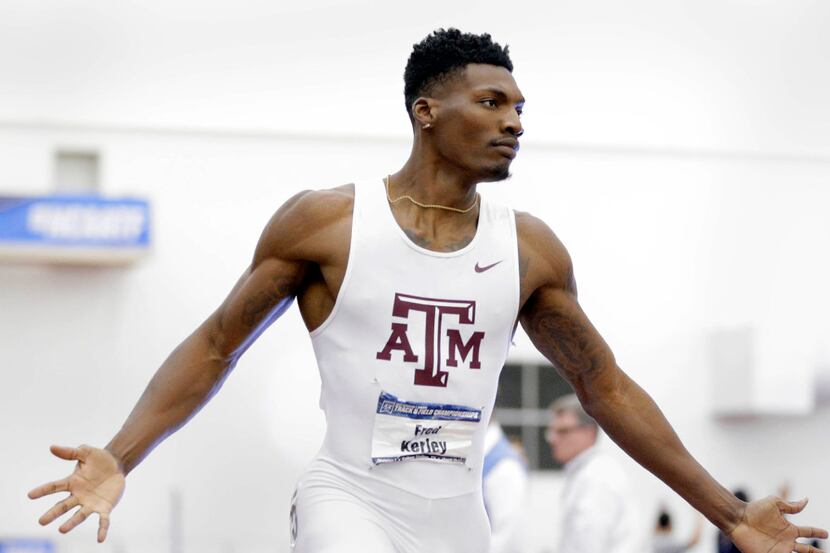 Texas A&M's Fred Kerley reacts as he wins the men's 400-meter dash during the NCAA college...