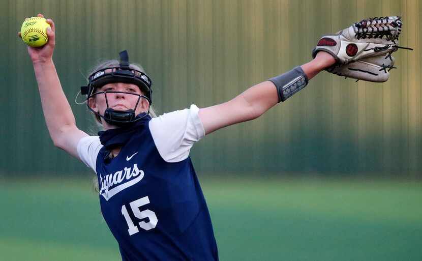 FILE — Flower Mound pitcher Landrie Harris (15) throws a pitch in the second inning OF 6A...