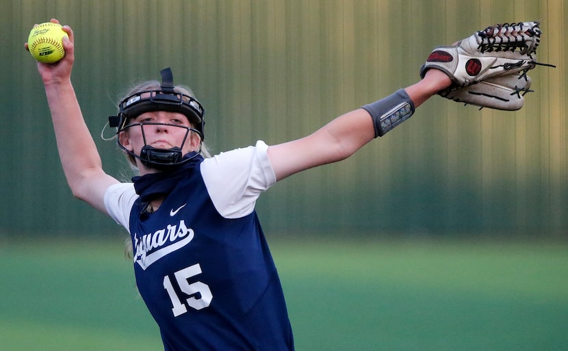 FILE — Flower Mound pitcher Landrie Harris (15) throws a pitch in the second inning OF 6A...