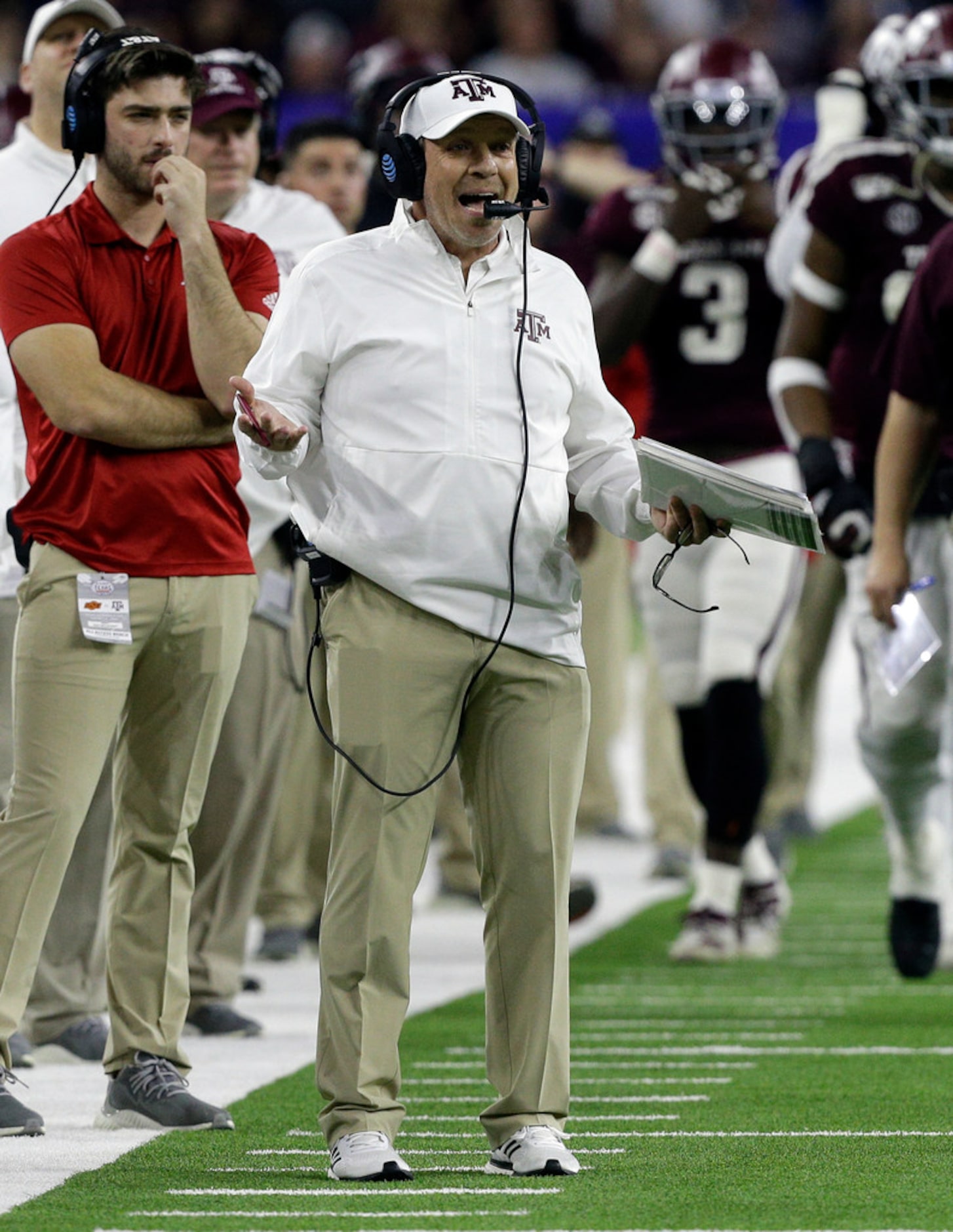 HOUSTON, TEXAS - DECEMBER 27: Head coach Jimbo Fisher of the Texas A&M Aggies reacts after...