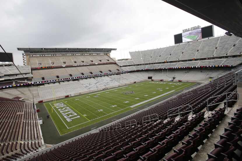 Kyle Field shot from the newly renovated west side (foreground) during a tour at Texas A&M...