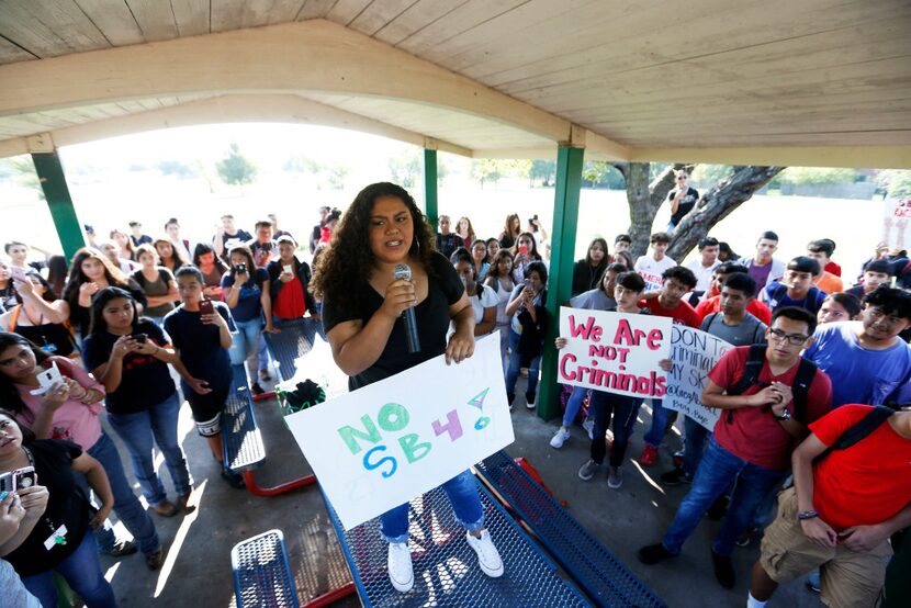 South Hill High School's Joycelyn Ontiveros, 17, of Fort Worth, rallies together in response...