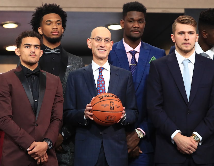 NEW YORK, NY - JUNE 21: NBA Commissioner Adam Silver (C) poses with NBA Draft Prospects Trae...