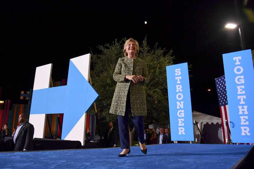 Democratic presidential candidate Hillary Clinton arrives before a rally at the Smith Center...