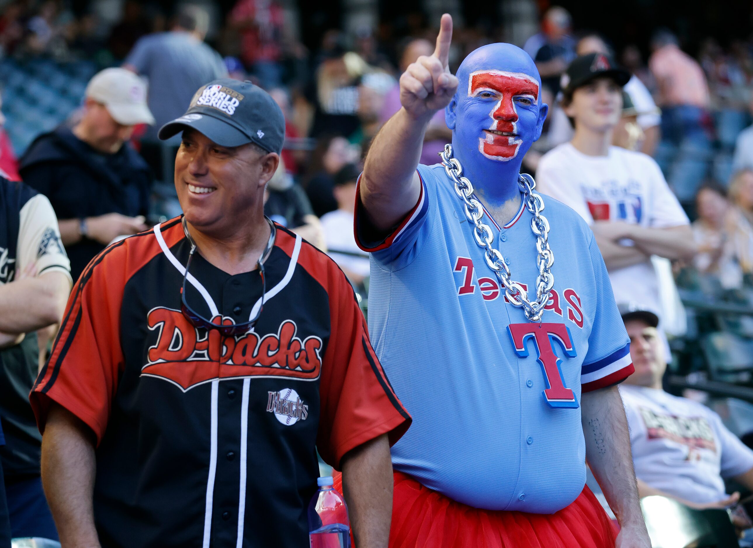 A Texas Rangers Rangers fan dressed for Halloween before Game 4 of the World Series against...