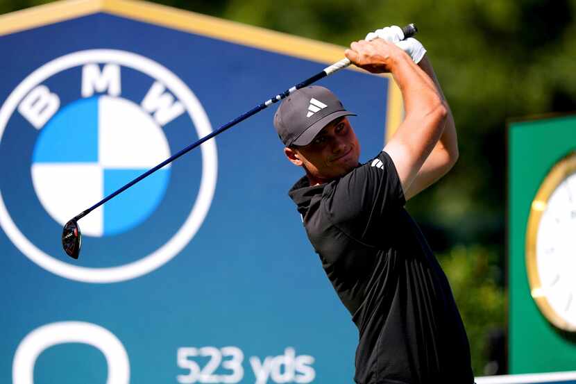Ludvig Aberg tees off on the 18th during day one of the PGA Championship at Wentworth Golf...