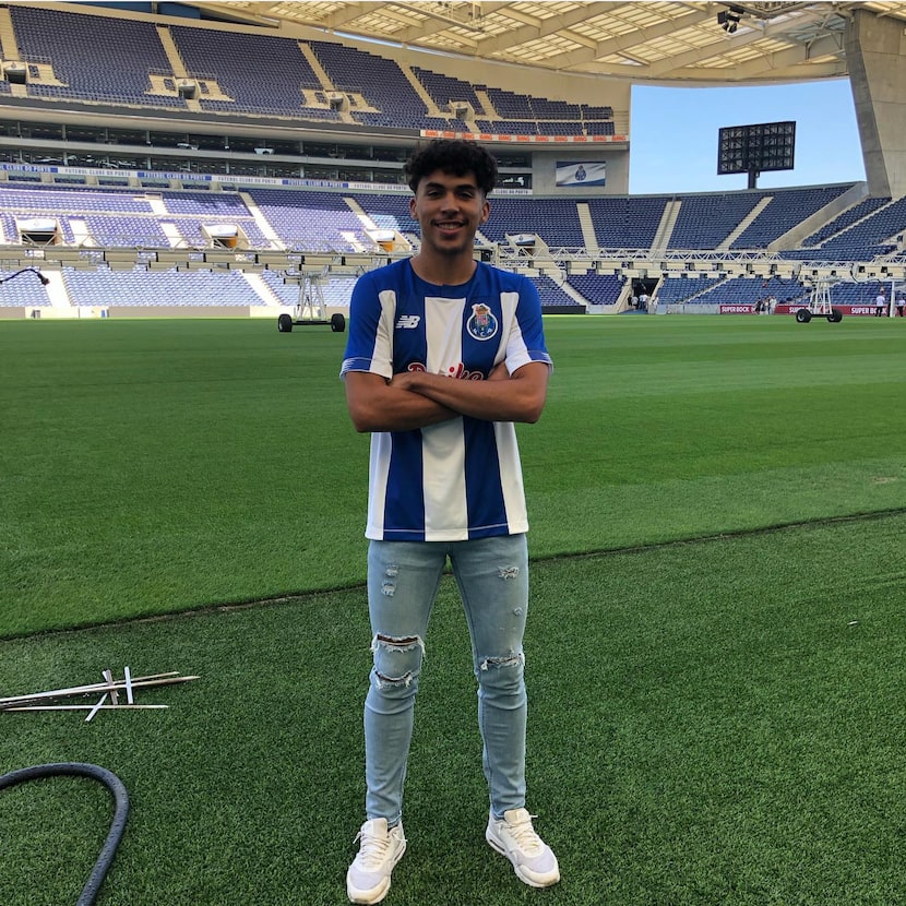 Johan Gomez poses in a FC Porto jersey in the Estádio do Dragão in Porto, Portugal