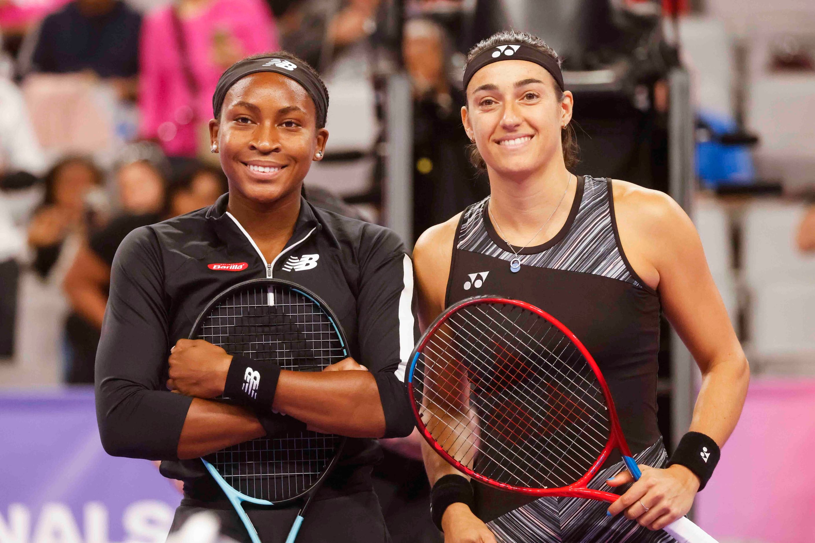 Coco Gauff of the USA, left, and Caroline Garcia of France ahead of their game on day two of...