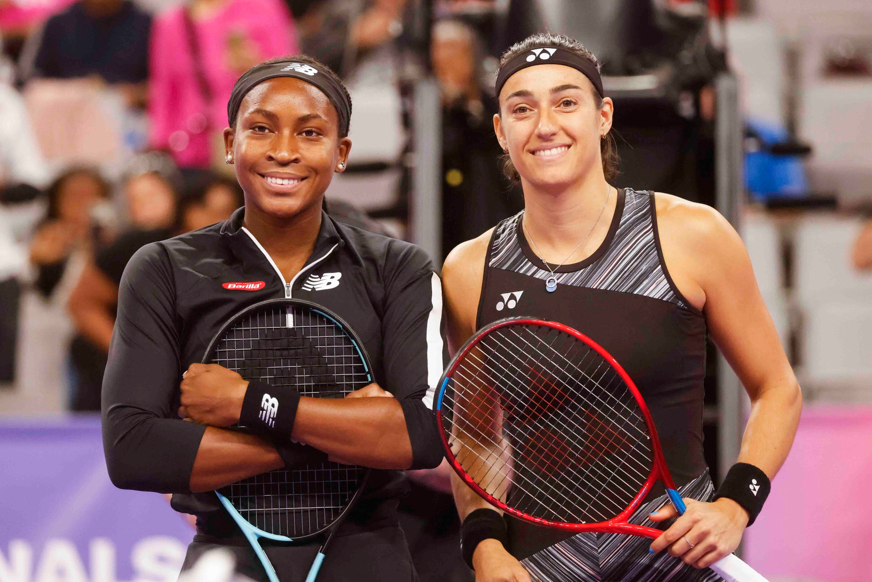 Coco Gauff of the USA, left, and Caroline Garcia of France ahead of their game on day two of...