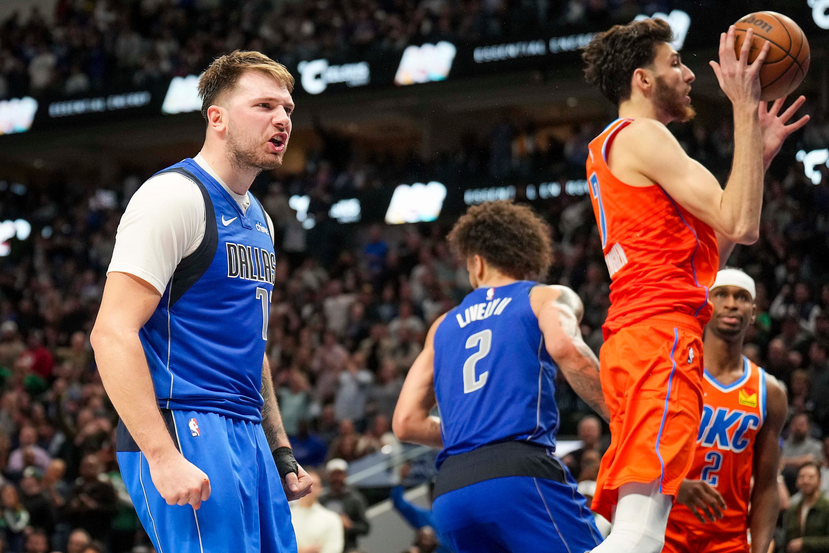 Dallas Mavericks guard Luka Doncic  celebrates after his layup gave the Mavericks the lead...