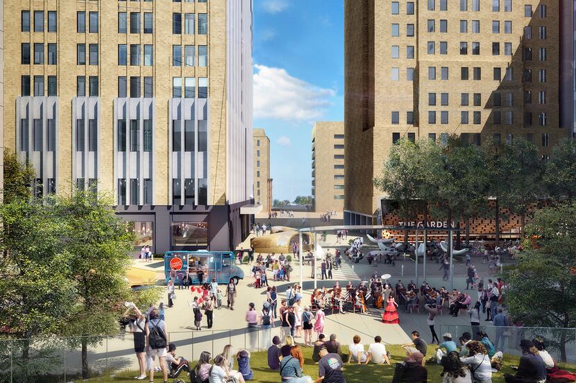 The plaza in front of AT&T's downtown buildings will be totally redone with new green space,...