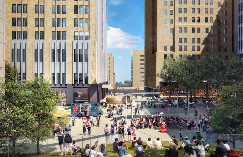 The plaza in front of AT&T's downtown buildings will be totally redone with new green space,...