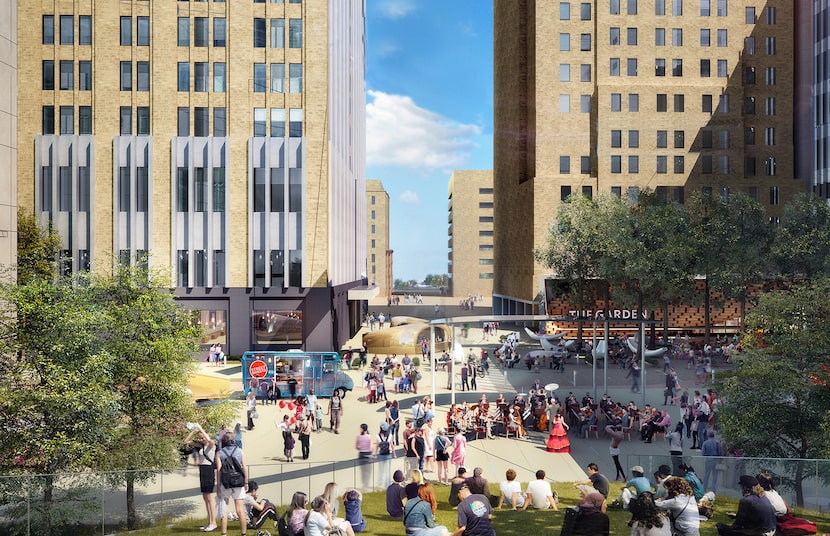 The plaza in front of AT&T's downtown buildings will be totally redone with new green space,...