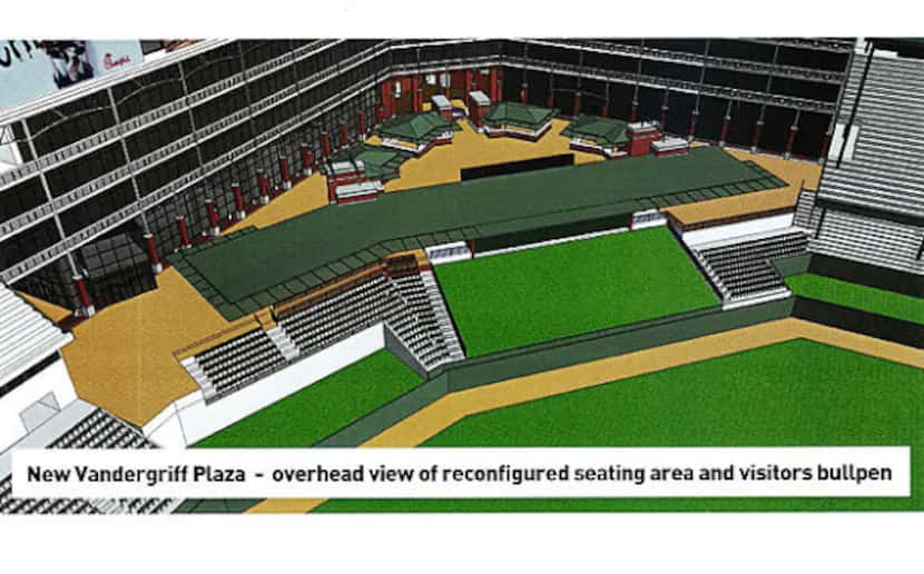 An illustration shows the reconfigured center field seating area and relocated visitors'...