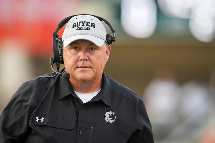 Denton Guyer head coach Rodney Webb works on the sidelines during the first half of a high...