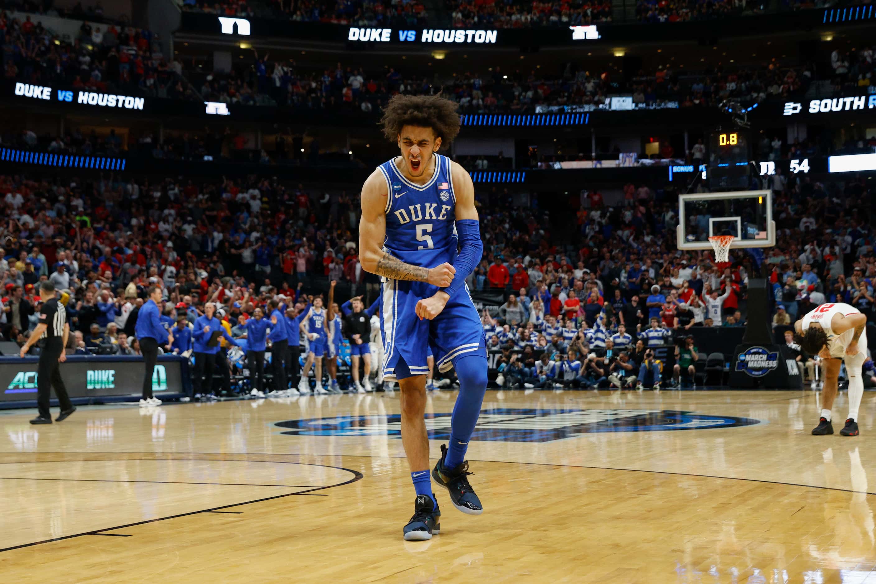 Duke guard Tyrese Proctor (5) reacts after a missed basket by Houston during the second half...